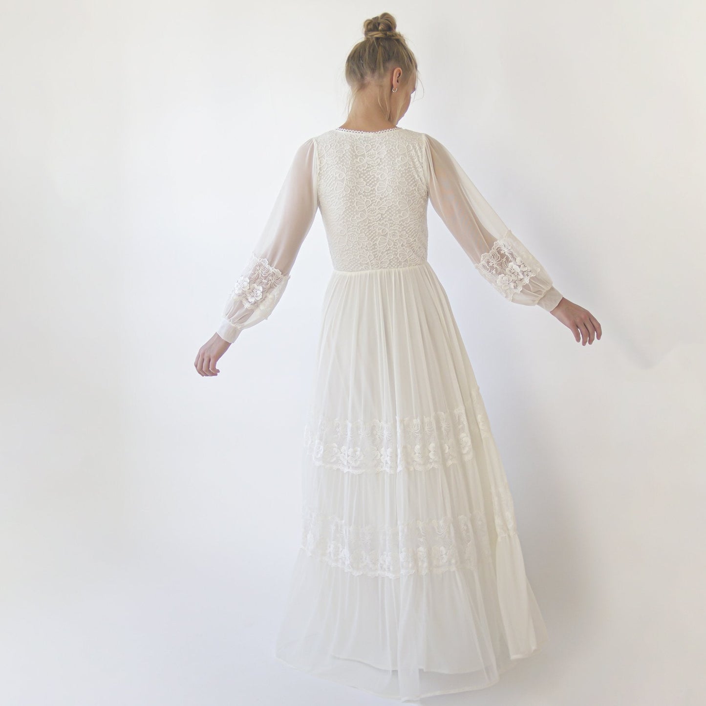 Bestseller Ivory Wrap Lace Wedding Dress With Chiffon Mesh Sleeves #1352