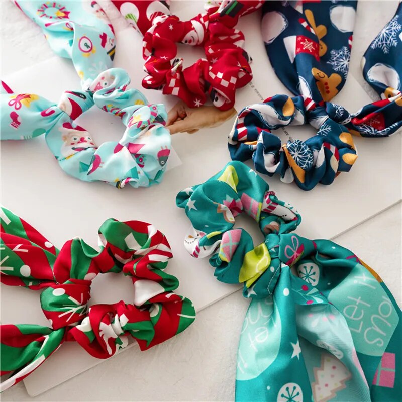 Santa Claus Bows Hair Scrunchies Long Ribbon Ponytail Scarf Hair Tie Women Girls Elastic Hair Bands Christmas Hair Accessories