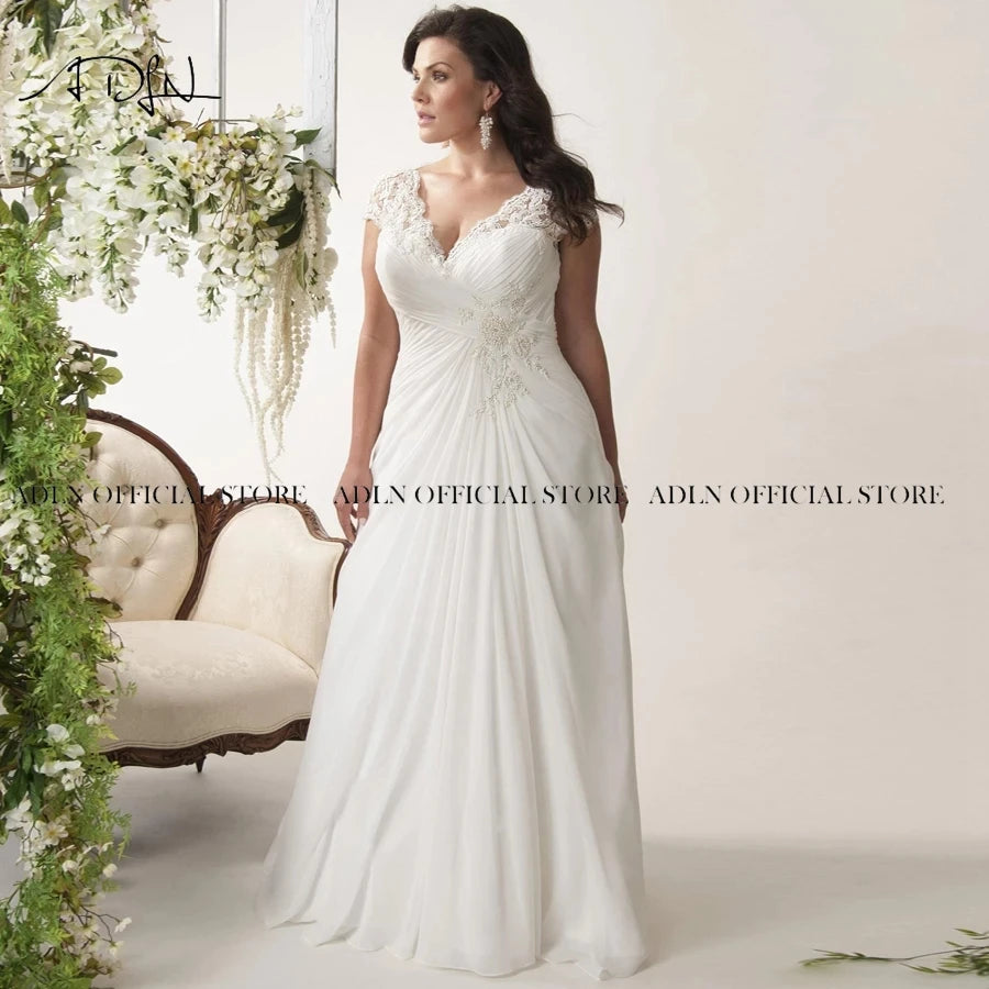 Elegant Plus Size Wedding Dresses V-Neck Cap Sleeves Robe De Mariage Sweep Train Appliqued Open Back Chiffon Bridal Gown