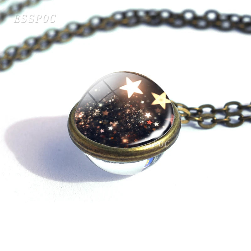 Full Moon Sphere Crystal Ball Glass Necklace Handmade Double Side Glass Ball Pendant Solar System Outer Space Astronomy Jewelry