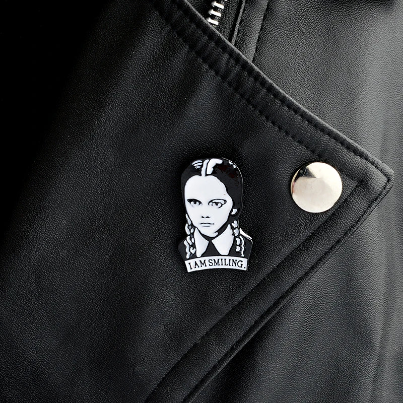Adams Family Brooch I Am Smiling Wednesday Enamel Pin Hard Lapel Pins Figure Girl Broche Jewelry Accessories Punk Fun