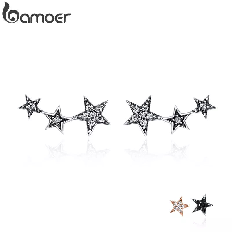 BAMOER Authentic 925 Sterling Silver CZ Exquisite Stackable Star Earrings for Women Jewelry Valentine's Day