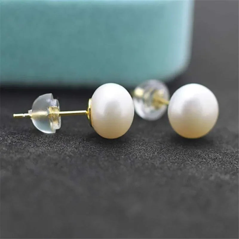 Dainashi High Quality 925Silver Gold Color 8-9mm Bread Round Freshwater Cultured Pearl Stud Earrings for Women Birthday