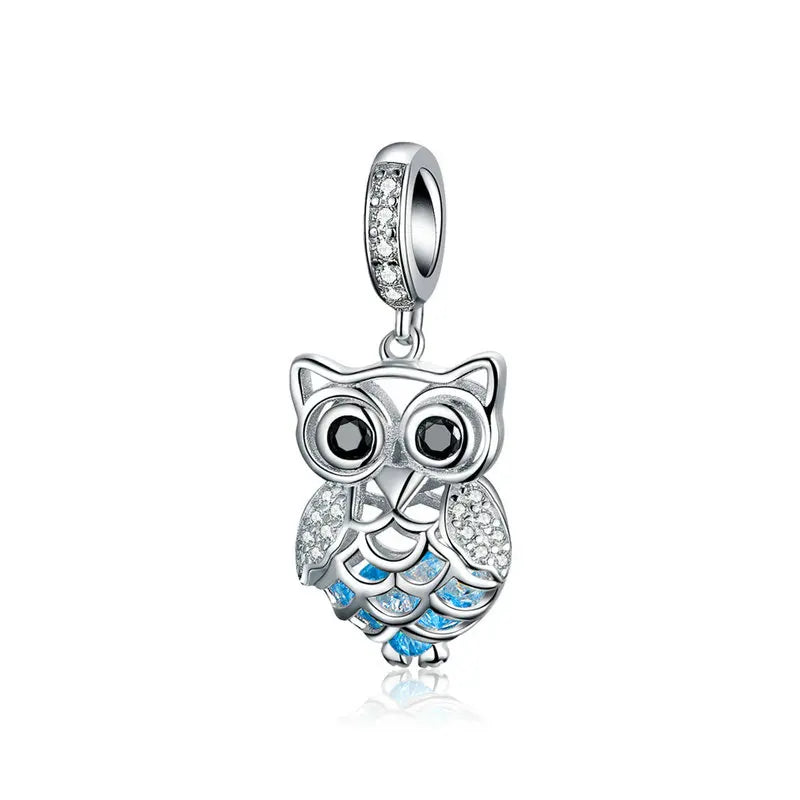 BAMOER Authentic 925 Sterling Silver Crystal Owl Lovely Animal Shape Beads Charm Fit Bracelet & Bangles Jewelry Making SCC949