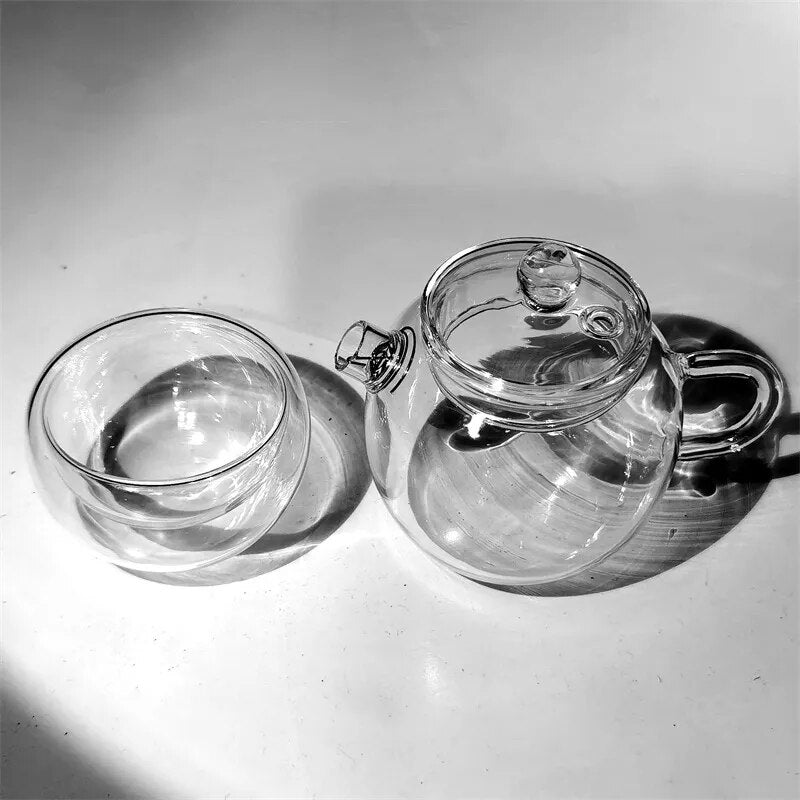 1Pcs 120ML Mini Glass Teapot and 50ml Double Glass Cup Japanese Style Tea Maker