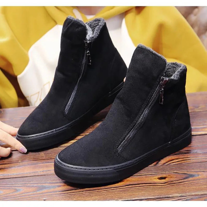 2023 Winter Snow Boots Women Winter Shoes Zip Warm Plush Cold Winter Flat Cotton Shoes Ladies Brand Ankle Botas Black