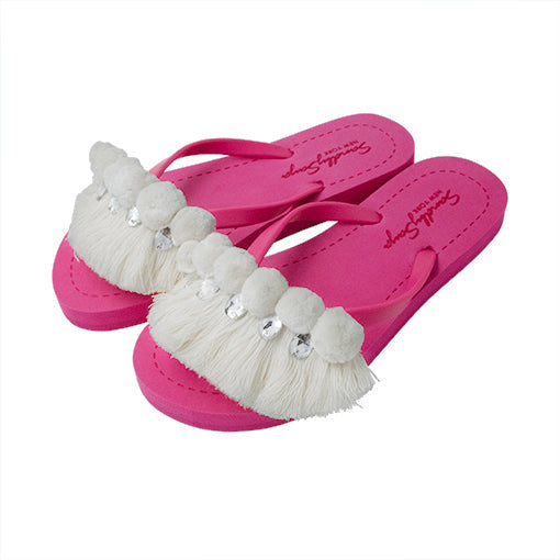 White Pom Pom Fringe - Embellished Flat Flip Flops Sandal