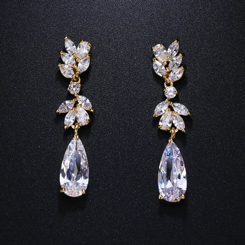LXOEN Marquise Cut Flower Zirconia Crystal Long Drop Earrings for Women Shiny Leaf CZ Stone Bridal Wedding Jewelry