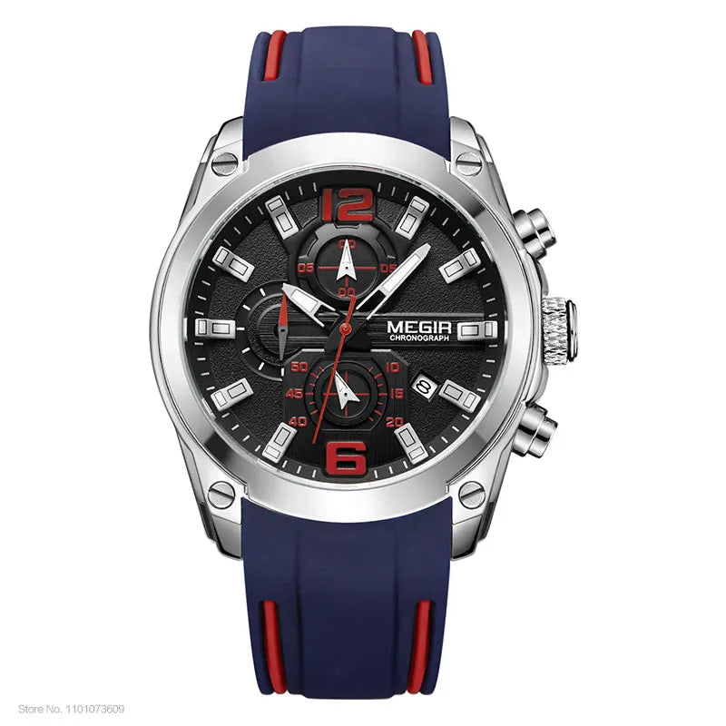 Megir Men's Chronograph Analog Quartz Watch With Date, Luminous Hands, Waterproof Silicone Rubber Strap Wristswatch for Man