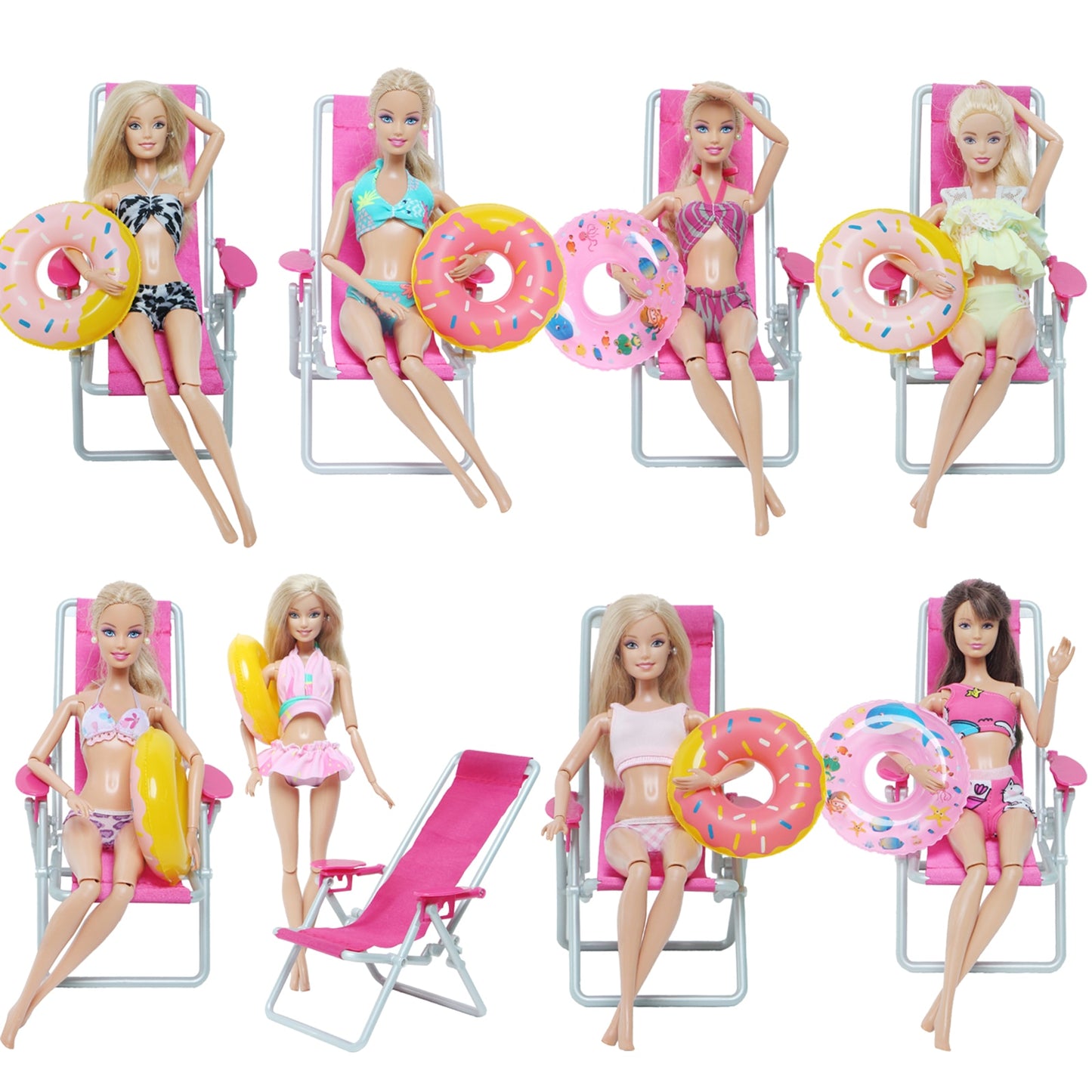 3 Pcs/Lot = 1x Swimsuit Bikini + 1x Random Swimming Buoy Lifebelt Ring +1x Pink Foldable Beach Chair Accessories for Barbie Doll