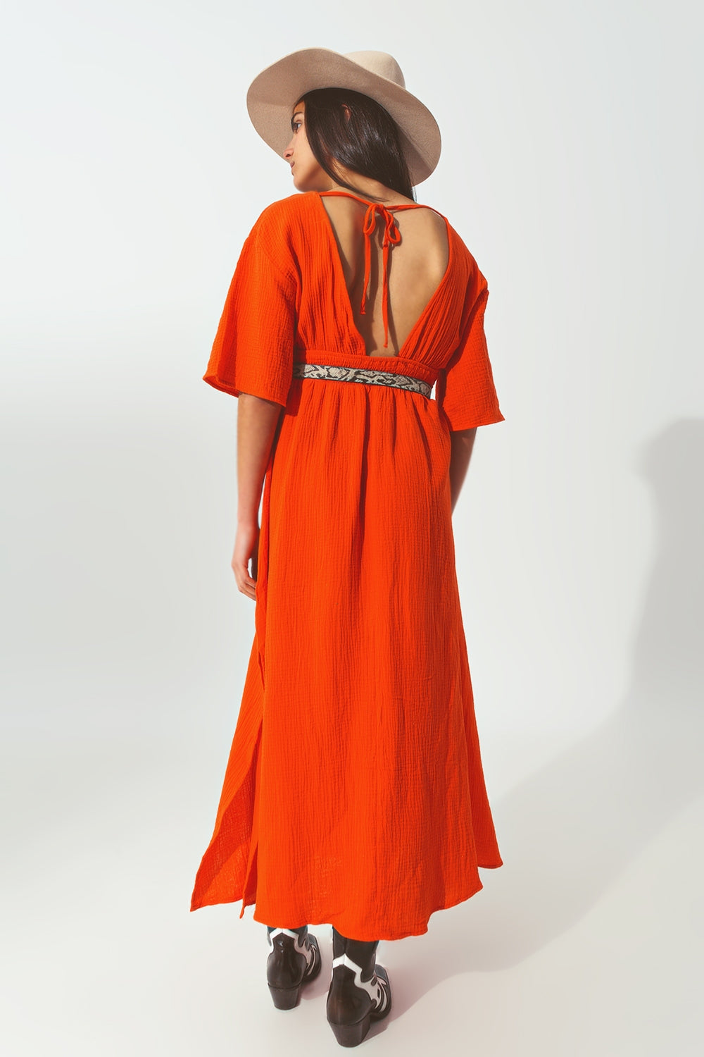 Textured V-Neck Maxi Dress in Orange
