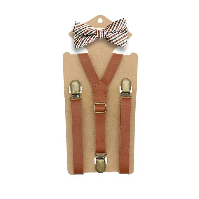 3 Clips Y Back Kid Brown Tan Leather Suspender and Bow Tie Ring Bearer Bowtie Set Birthday Outfit 80*1.5cm Adjustable