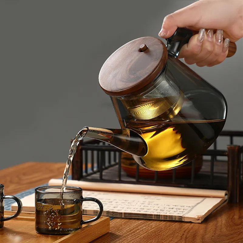 Easy One Click Tea Separation Filtration Glass Teapots With Wood Handle 850ml Te