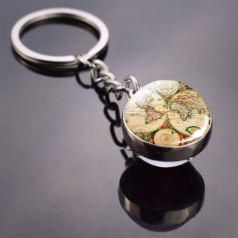 Vintage World Map Keychain Globe Earth Pendant Key Chain Americas Europe Australia Map Keychain Keyfob Christmas