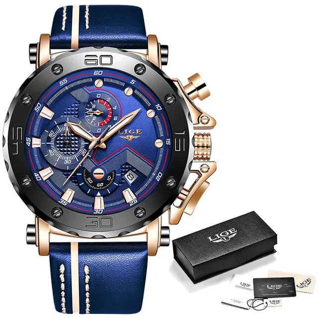 2023LIGE New Fashion Mens Watches Top Brand Luxury Big Dial Military Quartz Watch Leather Waterproof Sport Chronograph Watch Men