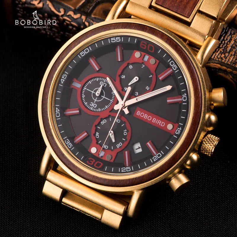 BOBO BIRD Wooden Watch Men Top Brand Luxury Stylish Chronograph Military Watches Wooden Box Logo Custom Great Reloj Hombre