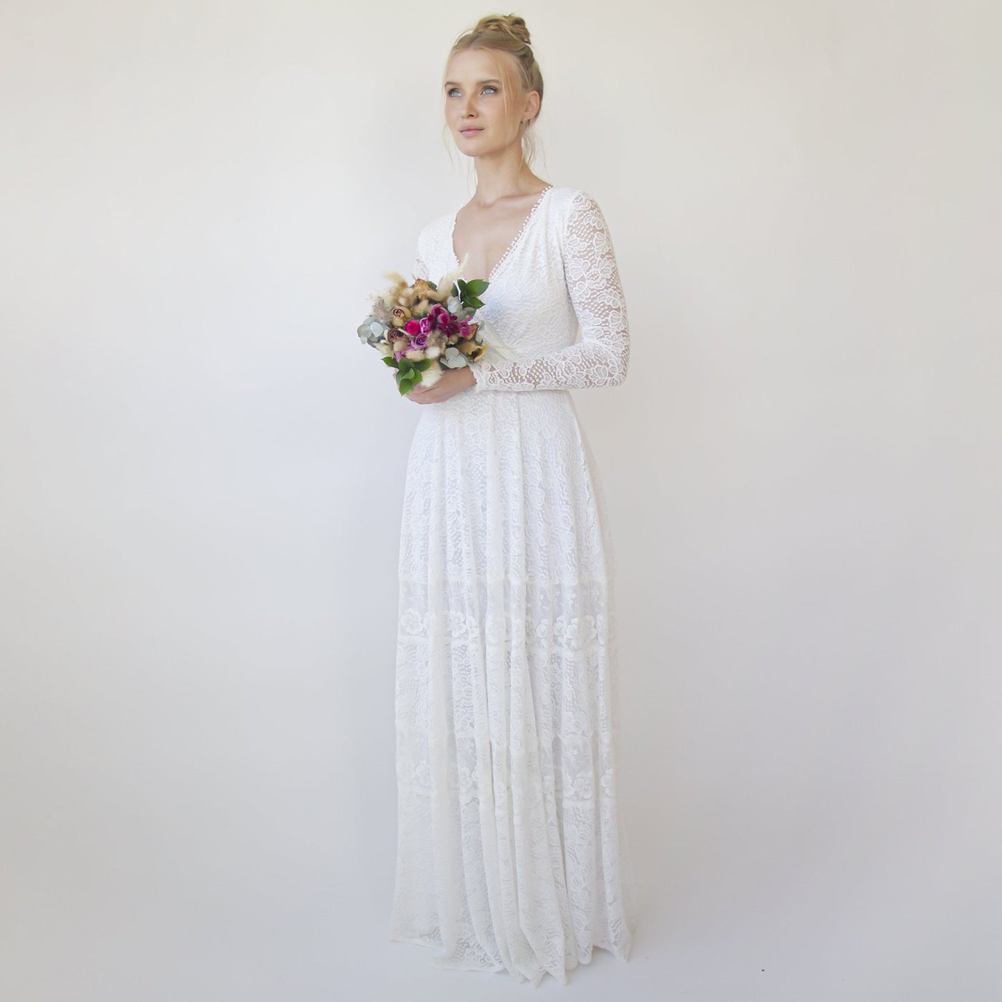 Bohemian Lace Wedding Dress Wrap Neckline With Fringes #1363