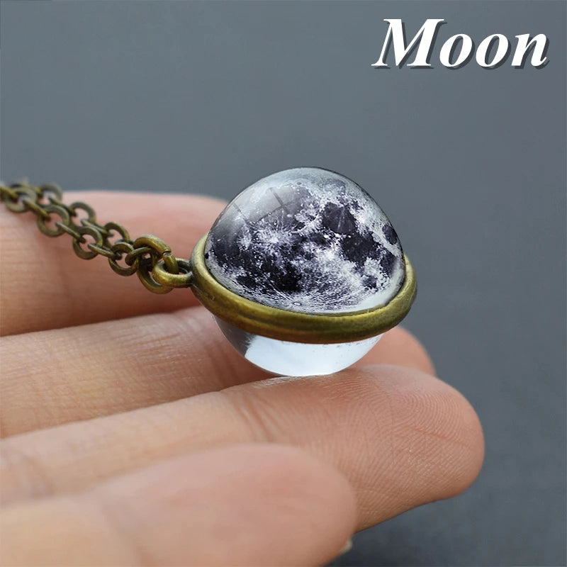 2019 New Glass Ball Galaxy Double Sided Pendant Necklace Universe Planet Jewelry Glass Picture Handmade Statement Necklace