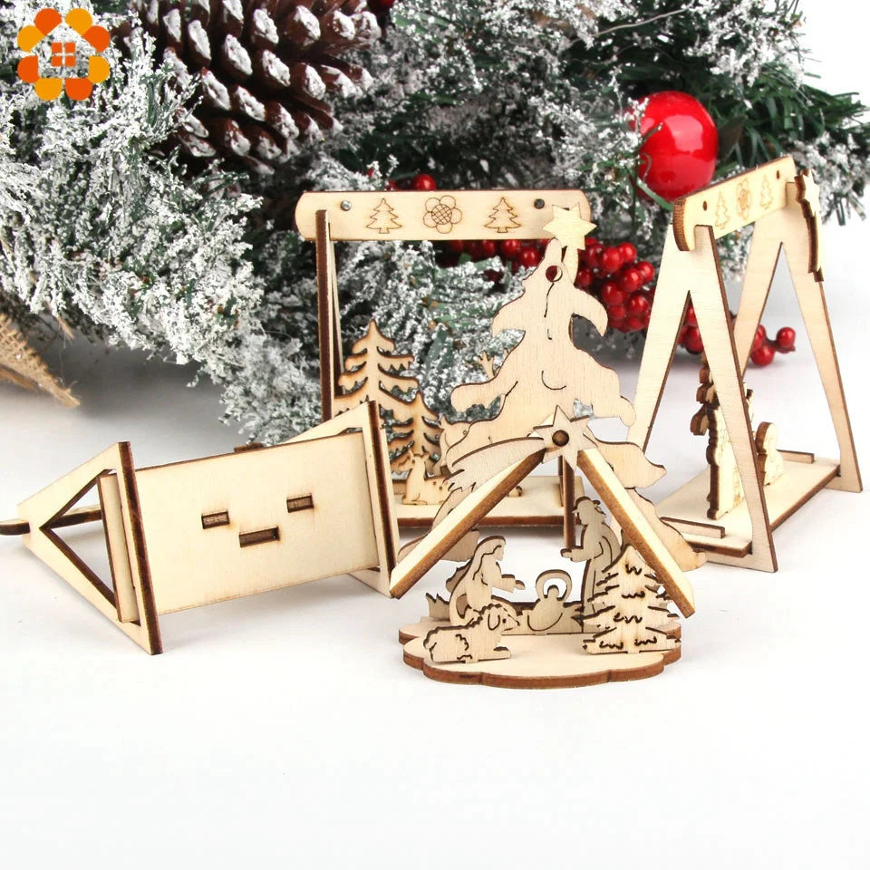 2pcs/Lot DIY Creative Small Hollow Christmas Wooden Ornaments for Home Christmas Party Ornament Decorations Kids Supplies