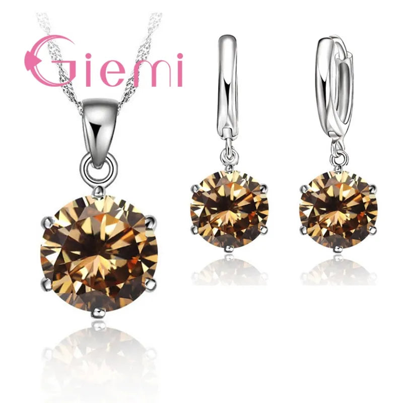 925 Sterling Silver Necklace Women Holiday Wedding Jewelry 6 Claw Cubic Zircon Pendant Engagement