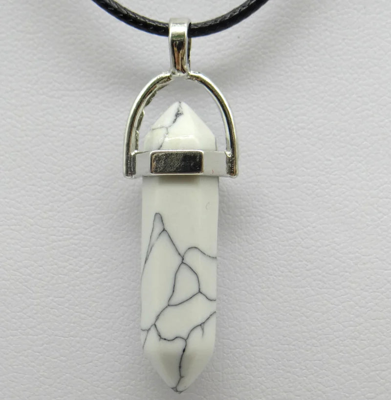 1PCS Natural Stone Quartz Crystal Opal Agates Hexagonal Column Pendulum Pendant Leather Chains Necklace Fashion Charms Pendant