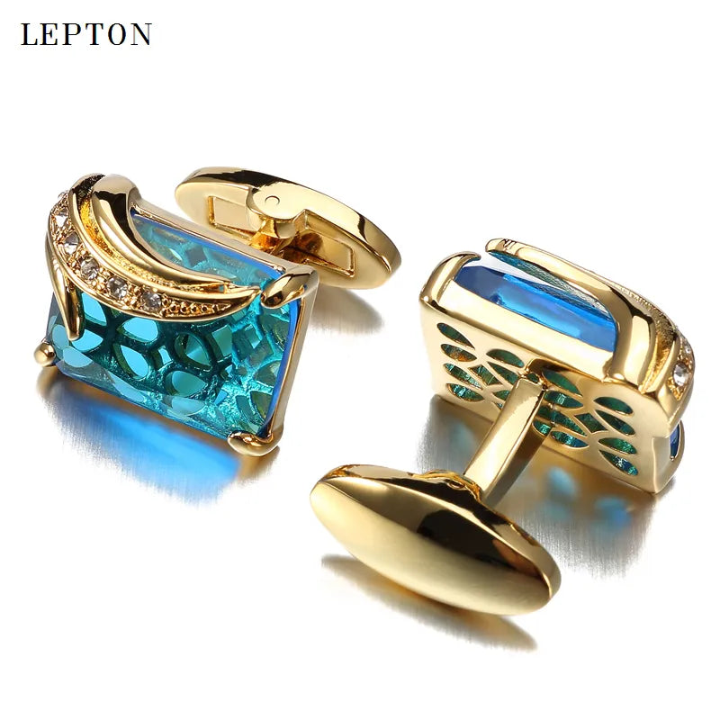 Low-Key Luxury Blue Glass Cufflinks for Mens Lepton Brand High Quality Square Crystal Cufflinks Shirt Cuff Links Relojes Gemelos