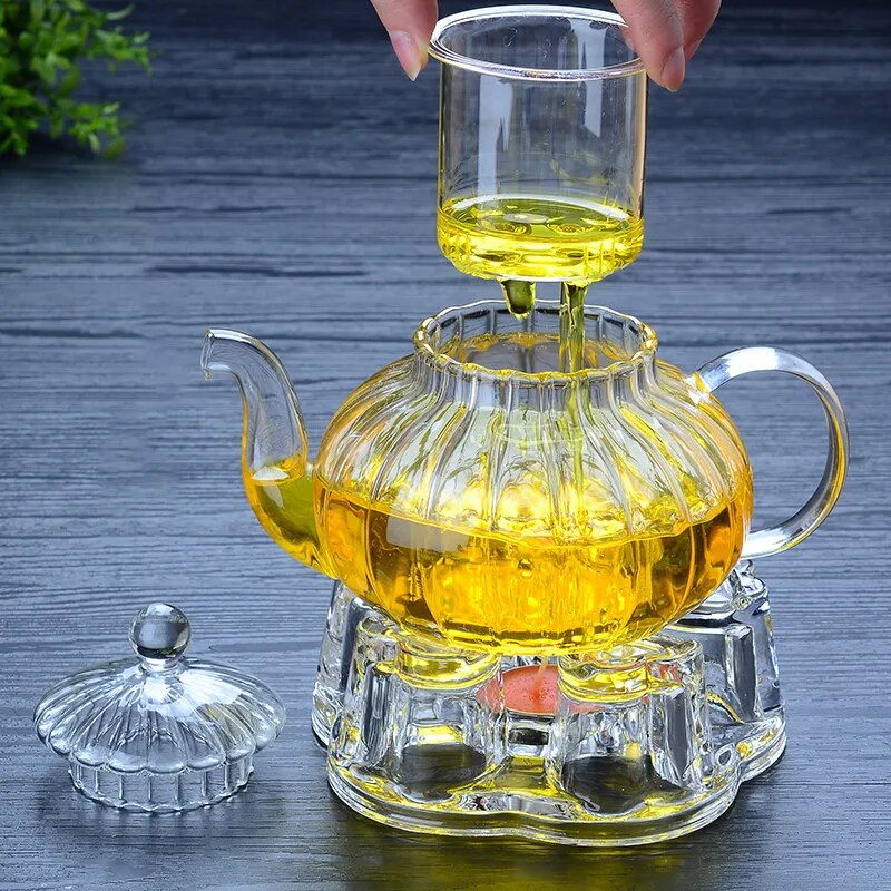 Heat Resistant Glass Pot 600ml Striped Pumpkin Shape Flower Teapot Glass Teapot