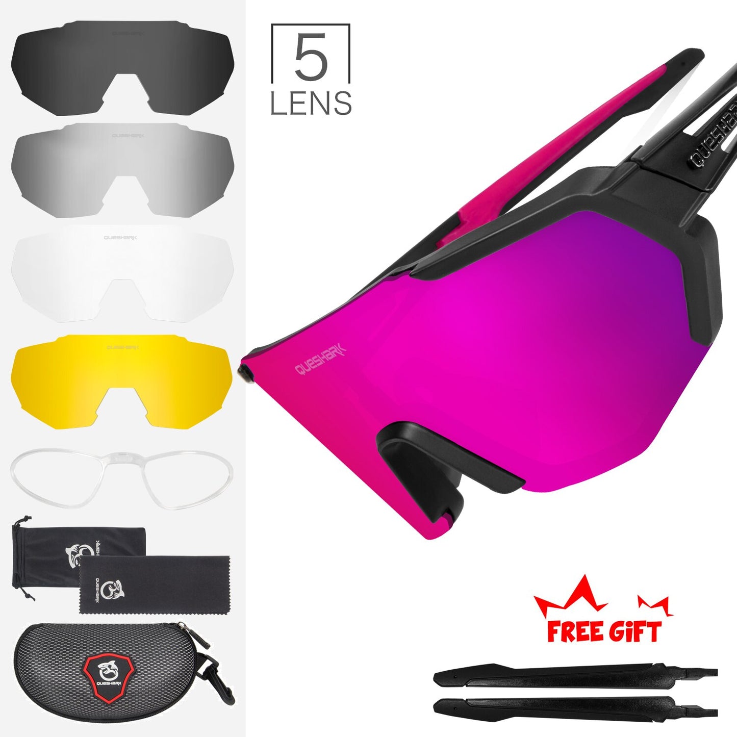 QUESHARK Women Men Polarized Cycling Sunglasses 5 Lens/Set Sports MTB Bicycle Eyewear Riding Road Bike Glasses Goggles QE42