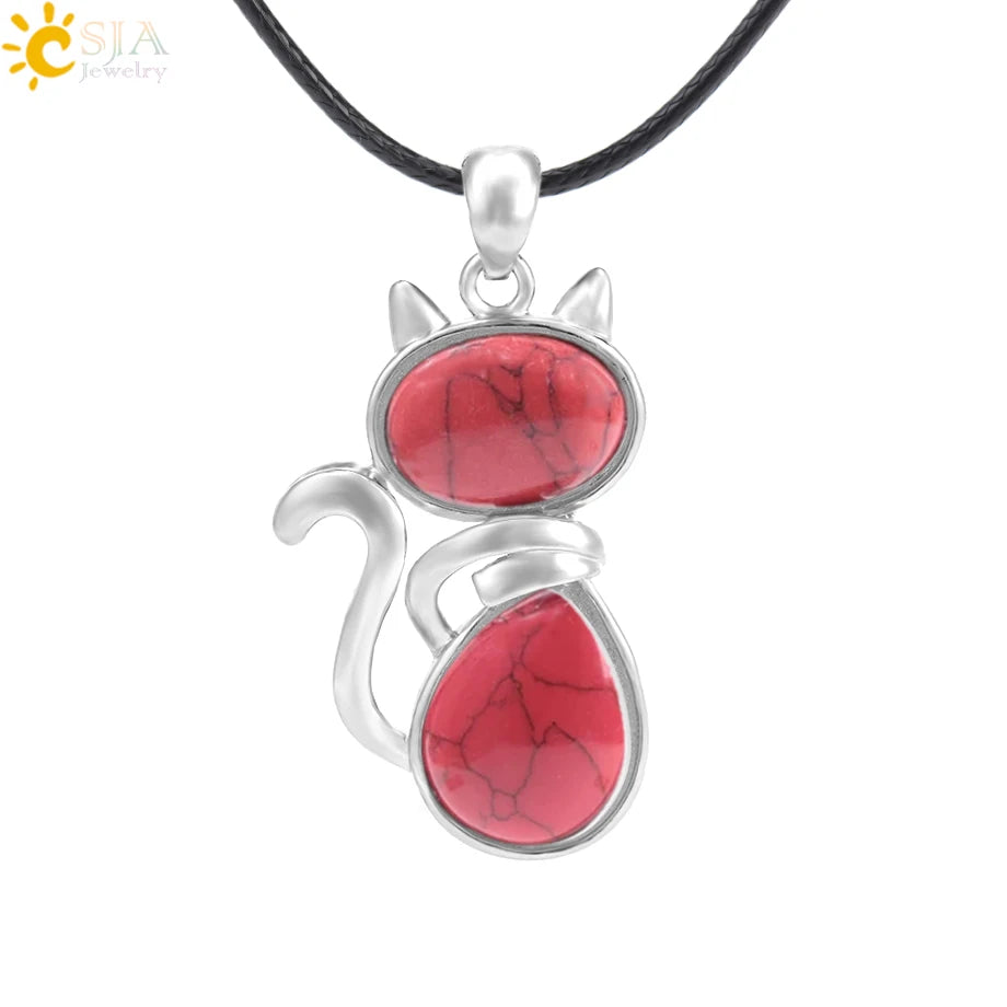 CSJA Reiki Natural Stone Necklaces Pink Quartz Pendants for Women Girl Cute Cat Shape Rock Black Onyx Beads Chain Jewelry F066