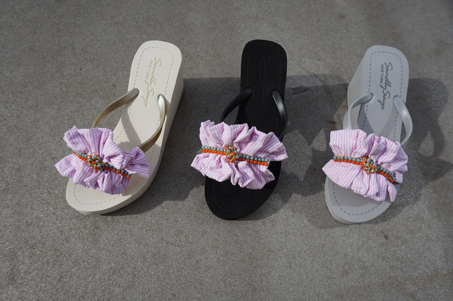 Pink Hudson -Stripe Rhine Stone Embellished Women's High Wedge Flip Flops Sandal