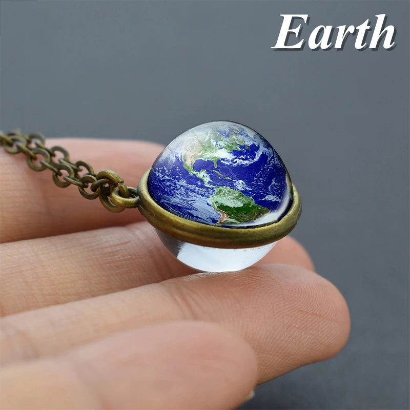 2019 New Glass Ball Galaxy Double Sided Pendant Necklace Universe Planet Jewelry Glass Picture Handmade Statement Necklace