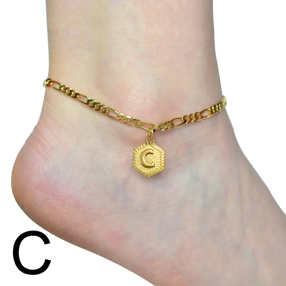 Anniyo 21cm + 10cm Extender Chain / A-Z Initial Letter Anklet for Women Alphabet Jewelry Foot Chain Girl #105906