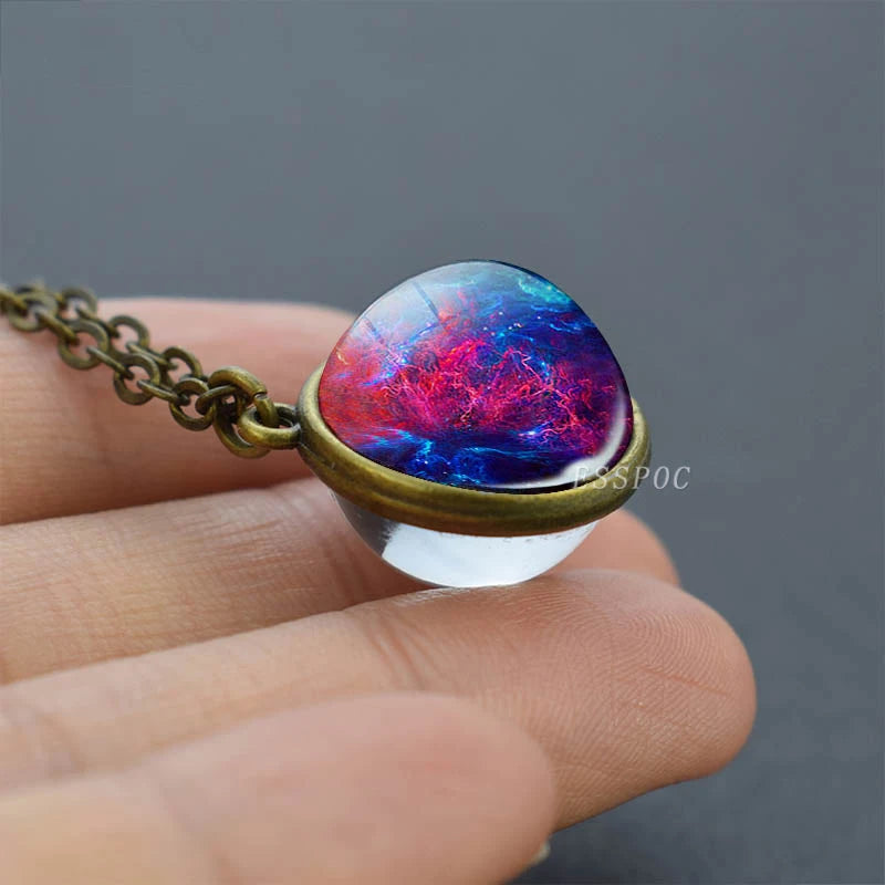 2019 New Glass Ball Galaxy Double Sided Pendant Necklace Universe Planet Jewelry Glass Picture Handmade Statement Necklace