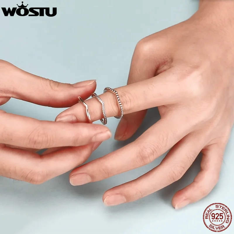 WOSTU Simple Rings 100% 925 Sterling Silver Shimmering Wish Stackable Ring for Women Wedding