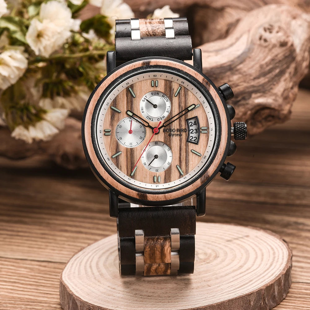 BOBO BIRD Wooden Watch Men Top Brand Luxury Stylish Chronograph Military Watches Wooden Box Logo Custom Great Reloj Hombre