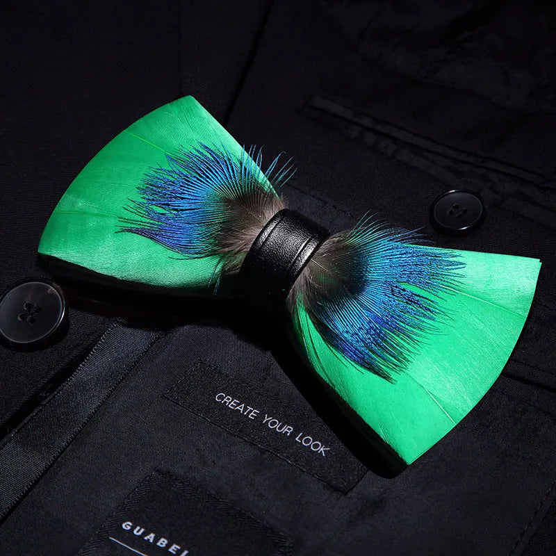 KAMBERFT Designer Brand Handmade Feather and Leather Pre-Tied Bow Tie and Brooch Sets for Men Wedding Party Best Cravate