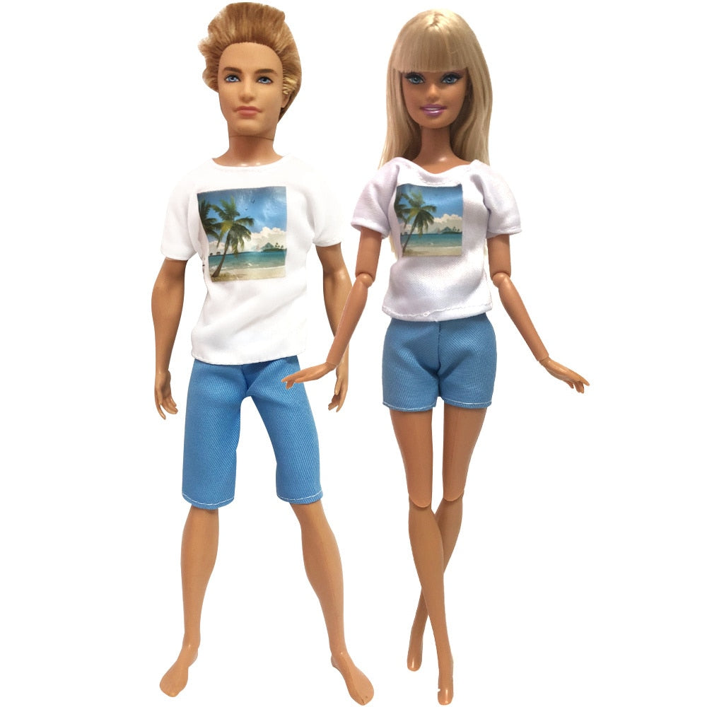 NK Mix 2 Pcs /Set Daily Wear Casual Couple Doll Dress for Barbie Doll Accessories Boy Girl Clothes Toy for Ken Doll 2GK JJ