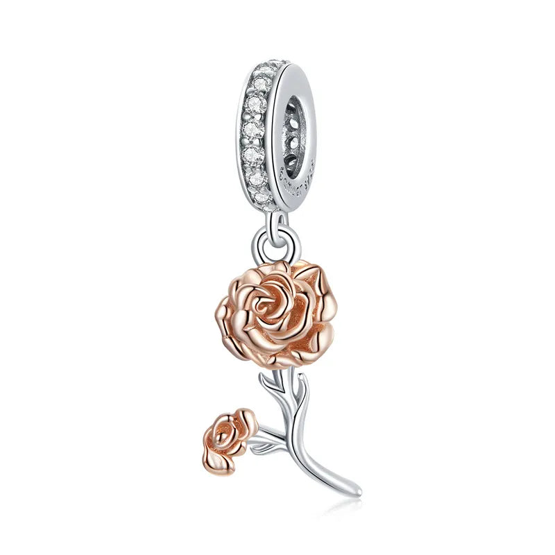 Bamoer 3D Rose Flower Pendant Charm 925 Sterling Silver Rose Gold Color Charms for Bracelet or Necklace DIY Sunflower Charms