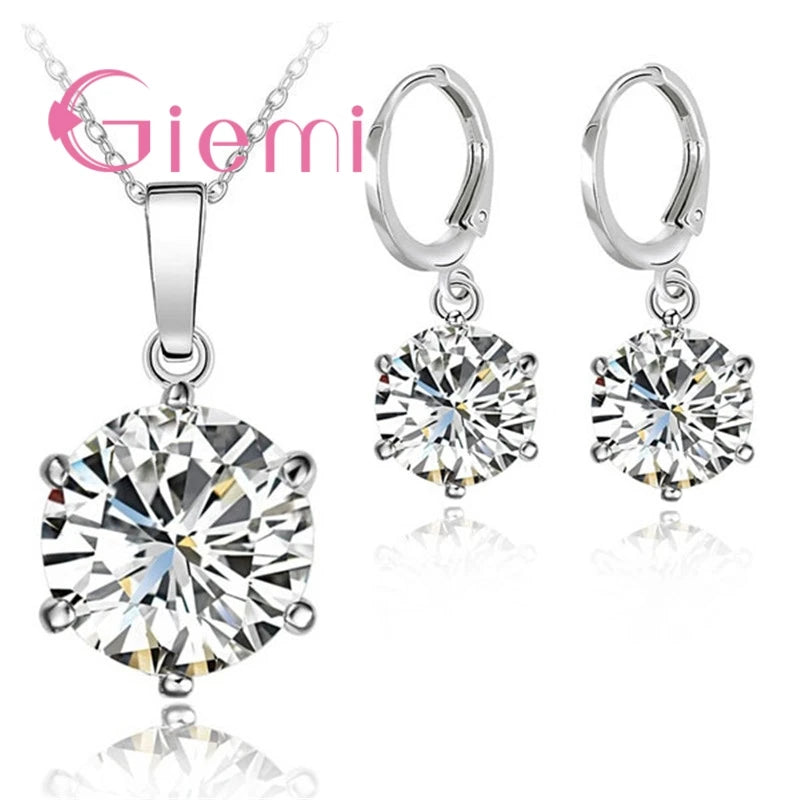 925 Sterling Silver Necklace Women Holiday Wedding Jewelry 6 Claw Cubic Zircon Pendant Engagement