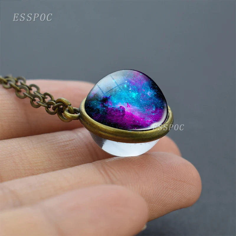 Full Moon Sphere Crystal Ball Glass Necklace Handmade Double Side Glass Ball Pendant Solar System Outer Space Astronomy Jewelry