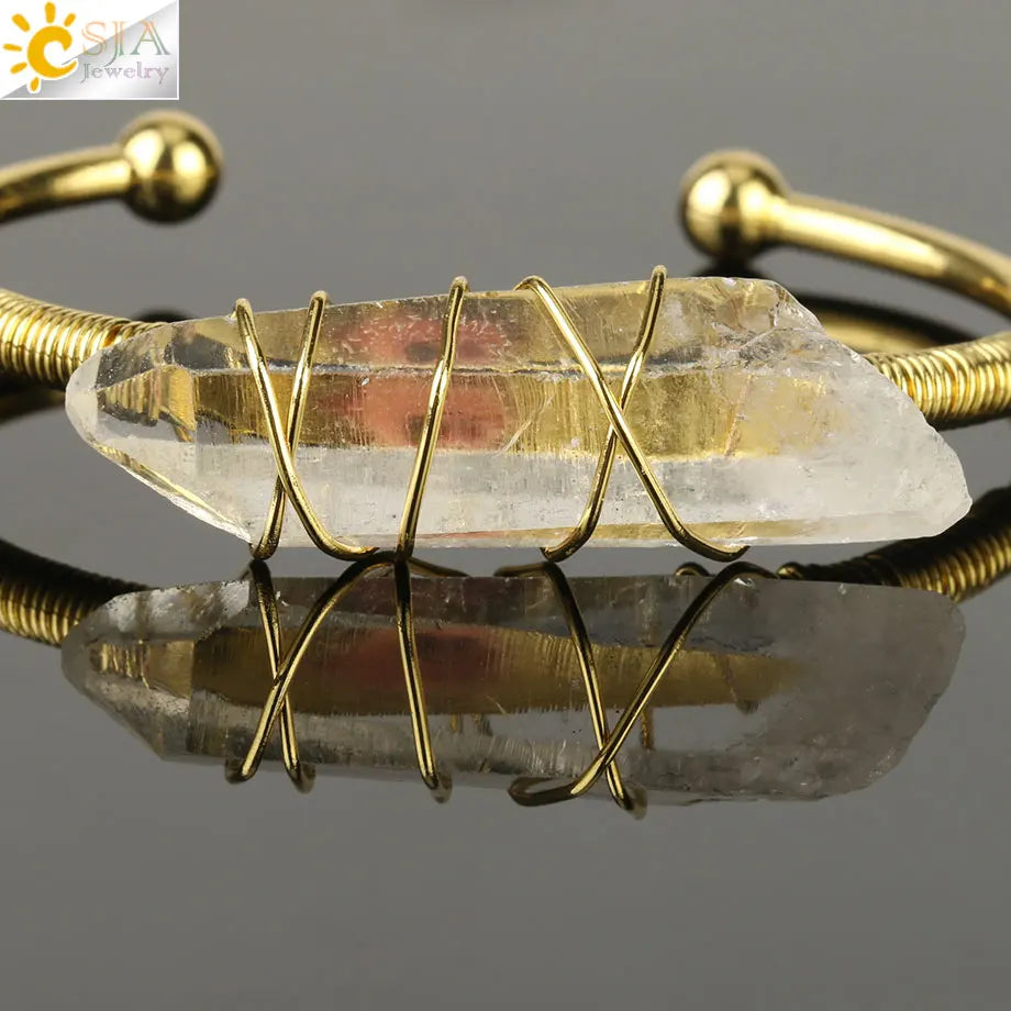 CSJA Natural Stone Clear Quartz Bangles Open Cuff Bracelet Wire Wrap Irregular Crystal Stones Copper Bangle Female Jewelry G168