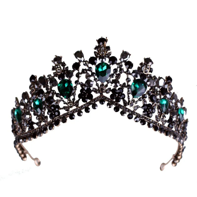 KMVEXO European Green Crystal Tiaras Vintage Black Rhinestone Pageant Crown Baroque Bridal Wedding Hair Jewelry Accessories