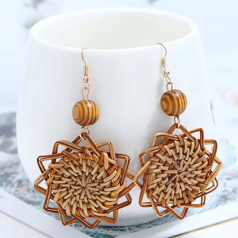 AENSOA Multiple 27 Style Korea Handmade Wooden Straw Weave Rattan Vine Braid Drop Earrings New Geometric Long Earrings
