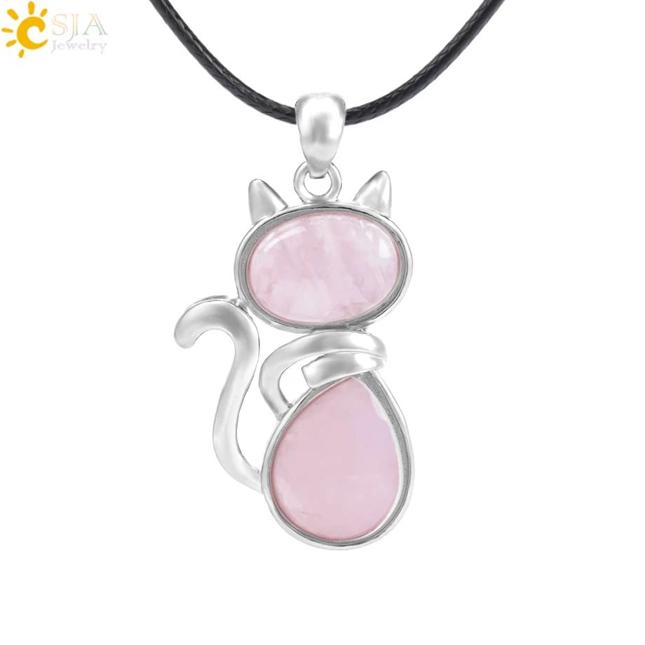 CSJA Reiki Natural Stone Necklaces Pink Quartz Pendants for Women Girl Cute Cat Shape Rock Black Onyx Beads Chain Jewelry F066