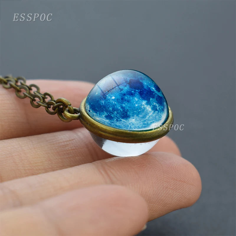 Full Moon Sphere Crystal Ball Glass Necklace Handmade Double Side Glass Ball Pendant Solar System Outer Space Astronomy Jewelry