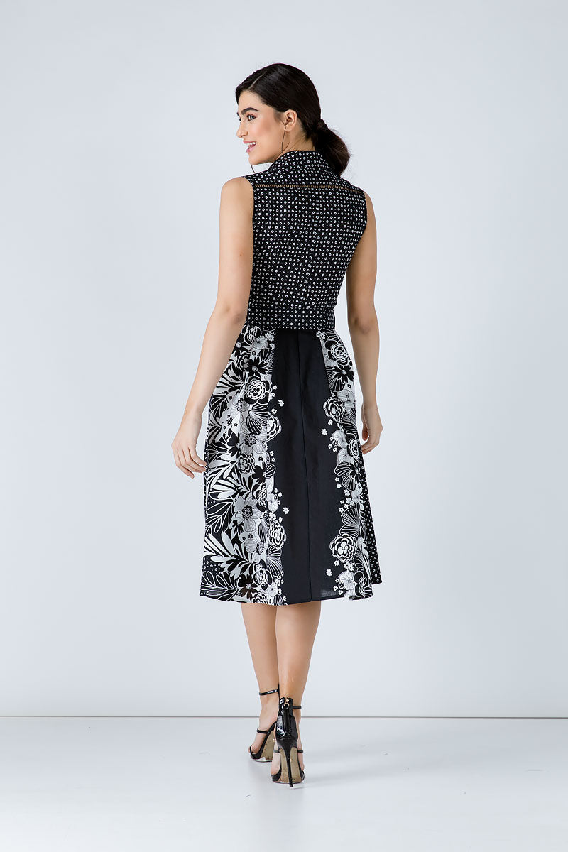 Button Detail Black Print Dress