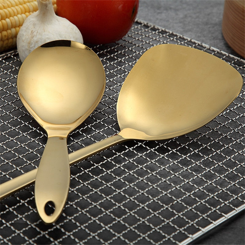 1PC Gold Stainless Steel Cooking Tools Spoon Fried Shovel Colanda Whitefly Cocina Utensilios Spatula Ladle Spatula Kitchenware