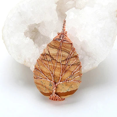 Natural Purple Quartz Opal Stone Pendants Handmade Rose Gold Color Tree of Life Wrapped Drop Shaped Crystal Pendant Necklace
