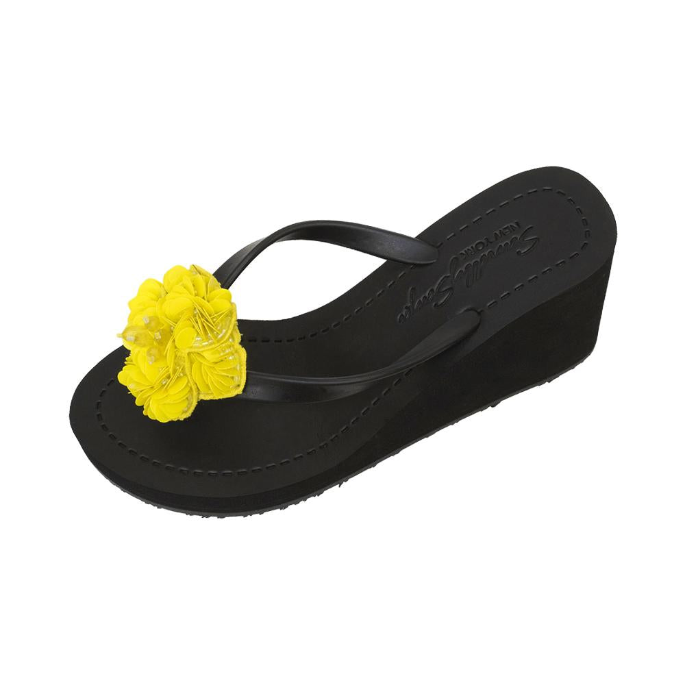 Noho Yellow Flower - Sequence Embellished Women's High Wedge Flip Flops