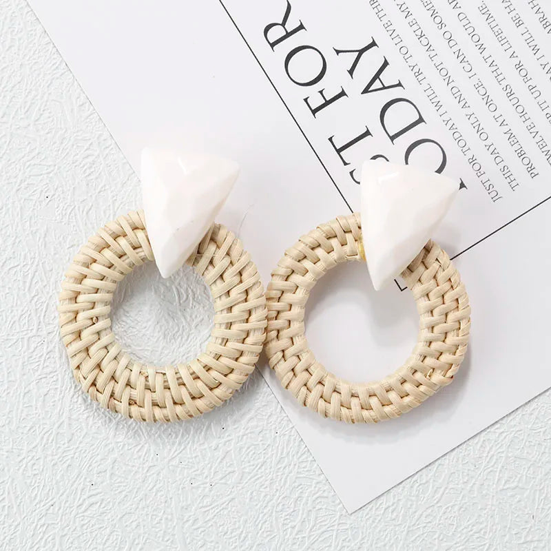 AENSOA Multiple 27 Style Korea Handmade Wooden Straw Weave Rattan Vine Braid Drop Earrings New Geometric Long Earrings